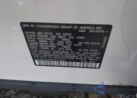 2024 Volkswagen Atlas 2.0T Se W/Technology из США, поврежденный, VIN 1V2WR2CA4RC577835